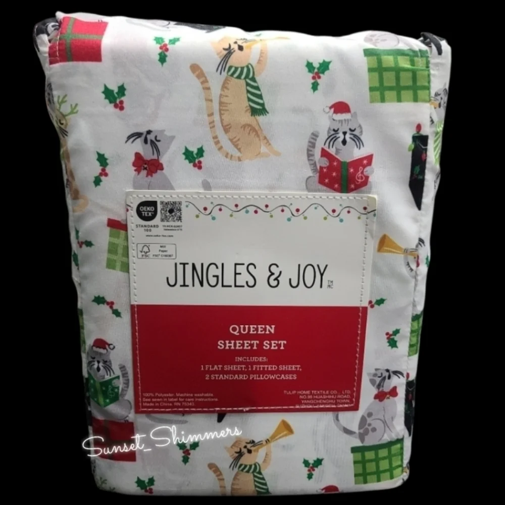 4pc Christmas Cats Caroling Hollyberry Queen Size Bed Sheet Set Decor New
